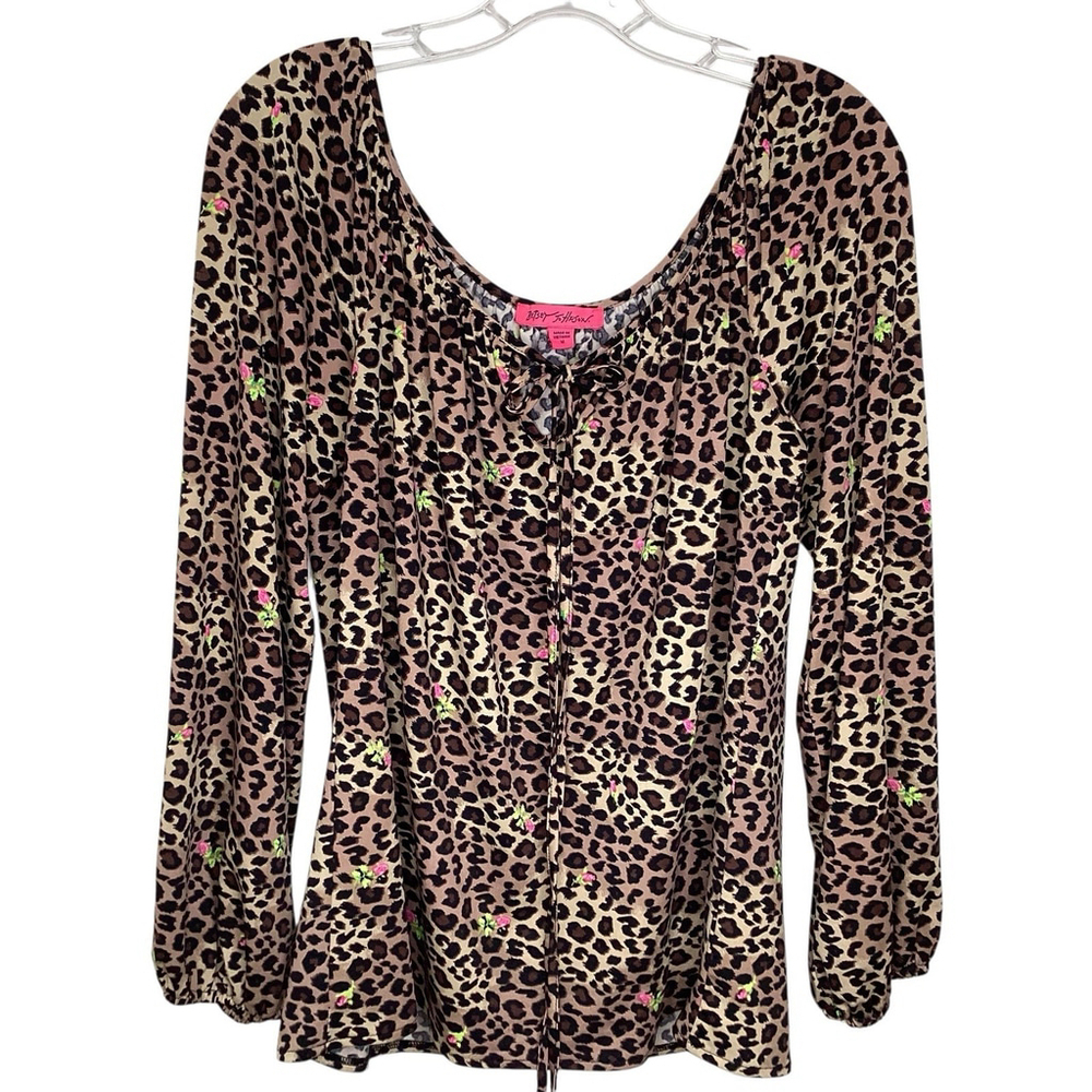 Betsey Johnson Top Women Sz M Brown Animal Print Roses Long Sleeve Stretchy EUC